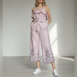 JOA Jumpsuit Pinstripe Ruffle Cropped Embroidery Lace Scalloped Hem White Lilac